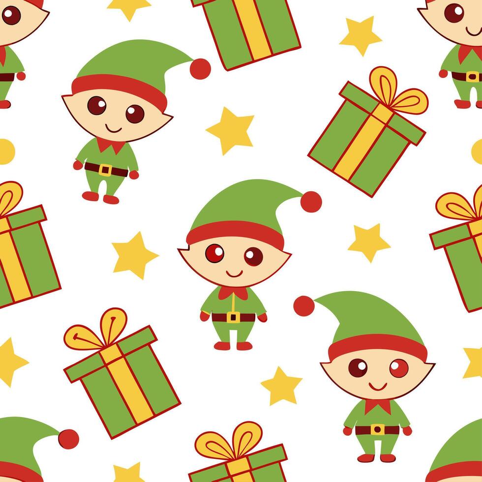Clean Whimsical Christmas elves and gifts seamless tile pattern with playful holiday elements concept as Playful Christmas elves and gifts create whimsical seamless tile pattern with fes vector