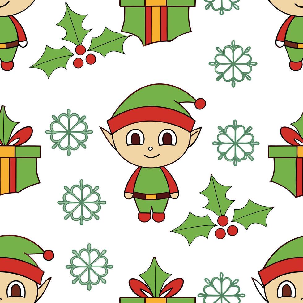 Clean Whimsical Christmas elves and gifts seamless tile pattern with playful holiday elements concept as Playful Christmas elves and gifts create whimsical seamless tile pattern with fes Set 2 vector
