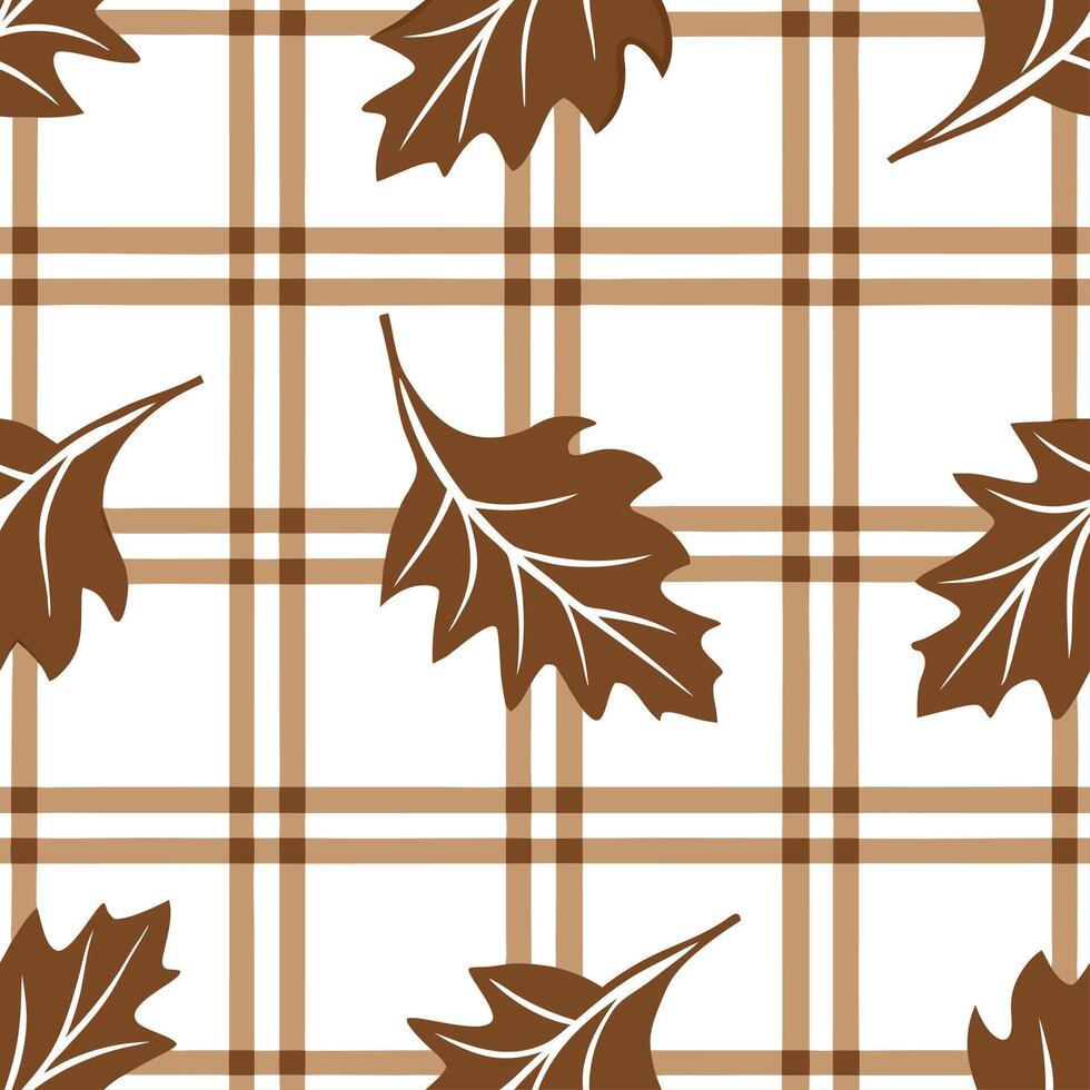 Clean Warm toned autumn plaid and leaf seamless tile pattern with rustic textures concept as Autumn plaid in warm tones combined with leaves create a cozy rustic seamless tile pattern pe vector