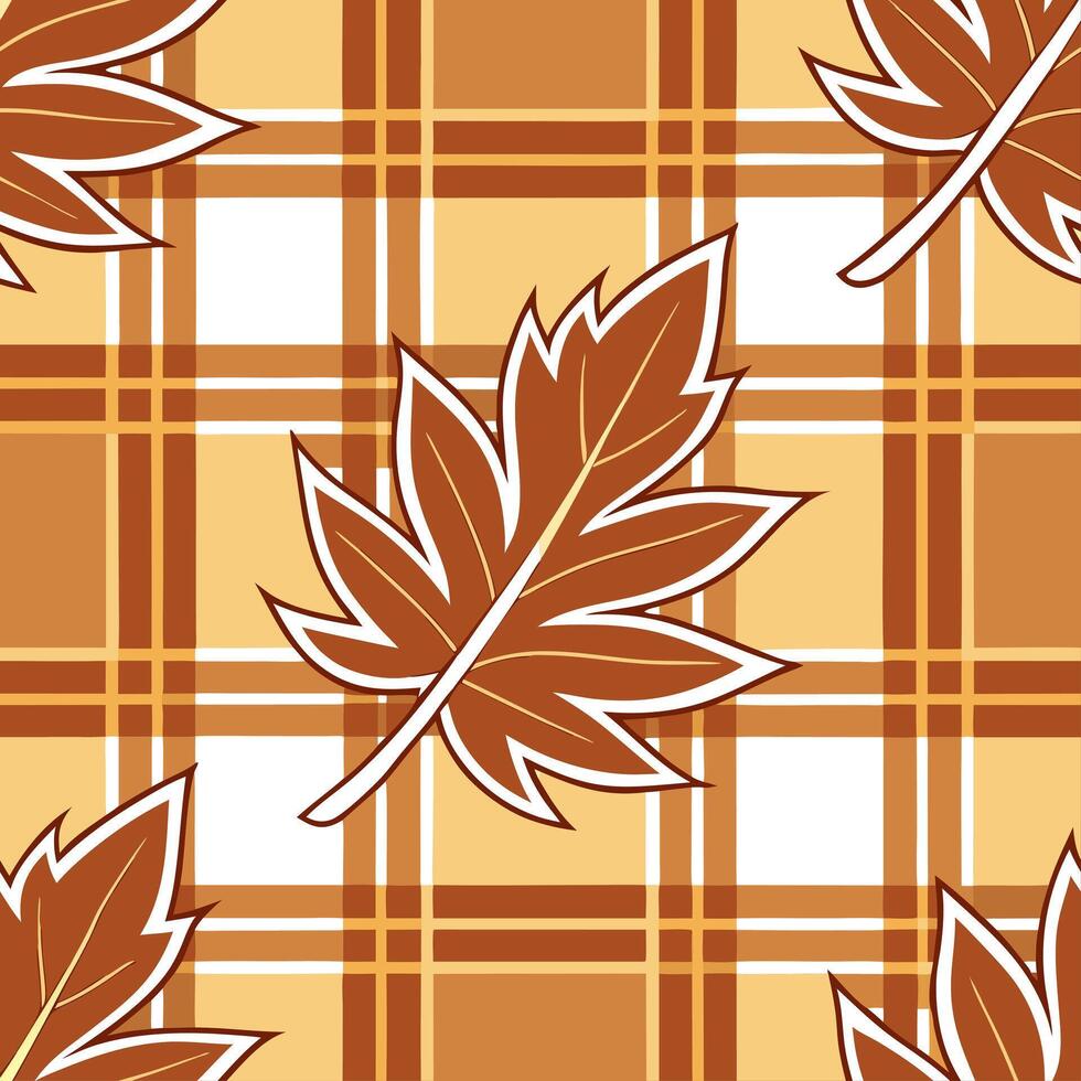 Clean Warm toned plaid and leaf seamless tile pattern with autumn inspired colors and textures concept as Autumn inspired warm tones in plaid and leaf patterns create a cozy seamless til vector