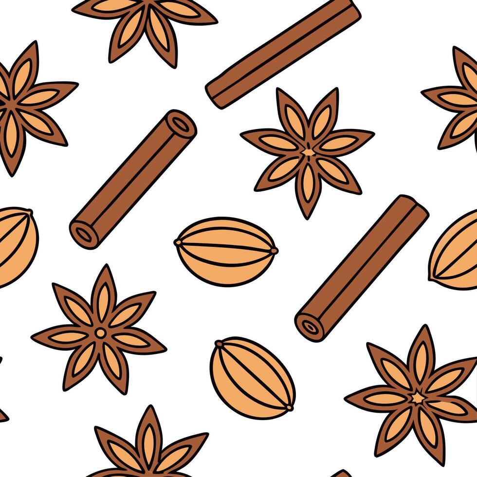 Clean Warm autumn spices seamless tile pattern with cinnamon sticks nutmeg and cloves concept as Cinnamon sticks nutmeg and cloves in warm autumn tones create a cozy spices seamless tile vector