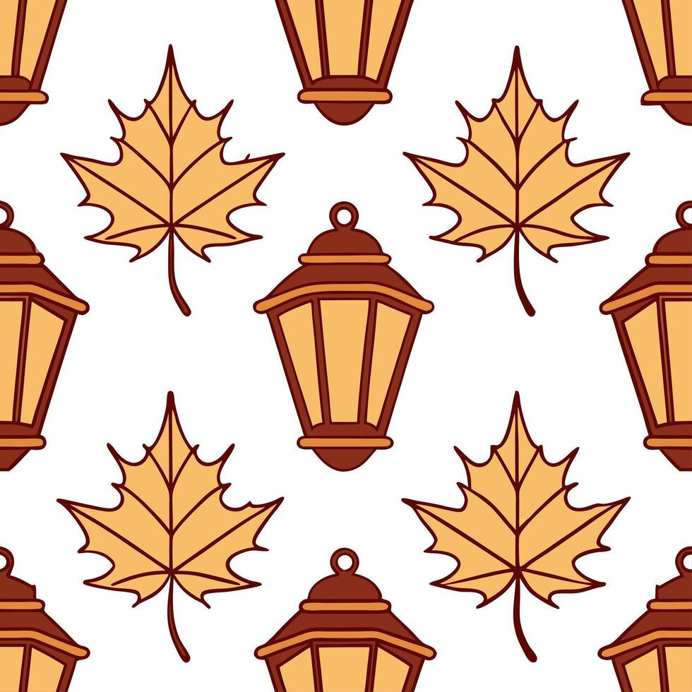 Clean Warm autumn lanterns and leaves seamless tile pattern with cozy textures and colors concept as Autumn lanterns and warm leaves create a cozy seamless tile pattern with rich texture vector