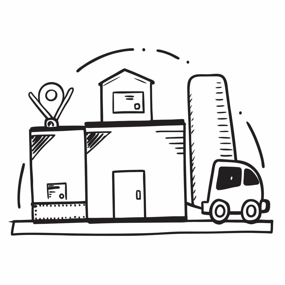 Clean Warehouse building and forklift icon with ample copy space for logistics themes concept as A illustration of a warehouse building and a forklift icon with ample copy space i vector
