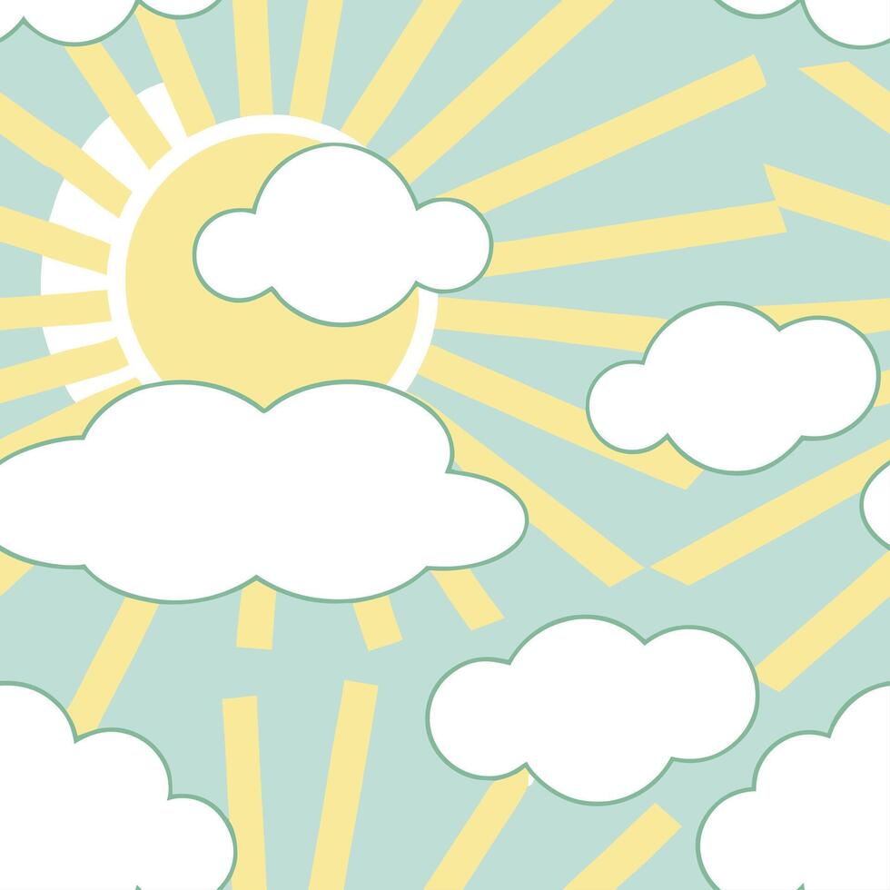 Clean Vibrant spring sky seamless tile pattern with bright sun and light clouds for a refreshing spring day concept as Bright sun and light clouds form a vibrant spring sky creating a se vector