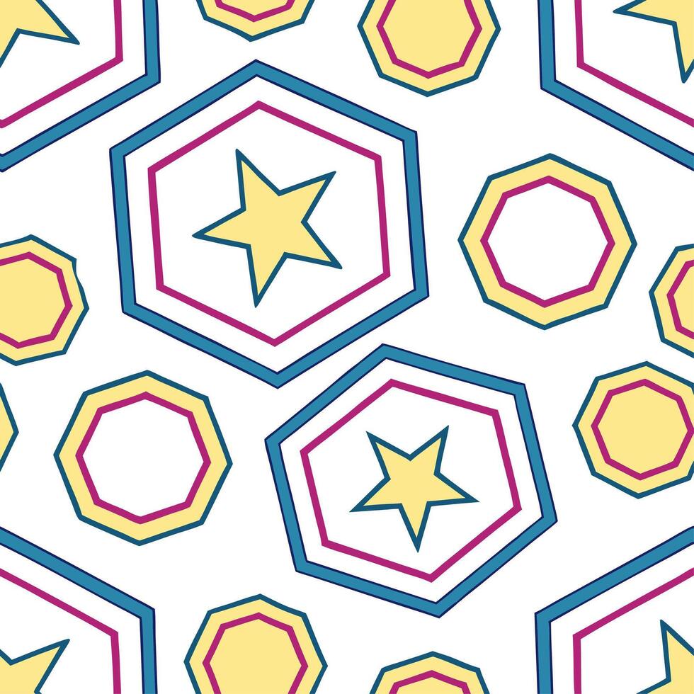 Clean Vibrant retro polygon seamless tiles complementary bright colors on white background ideal for lively designs concept as Designing vibrant seamless tile with retro polygons in comp vector