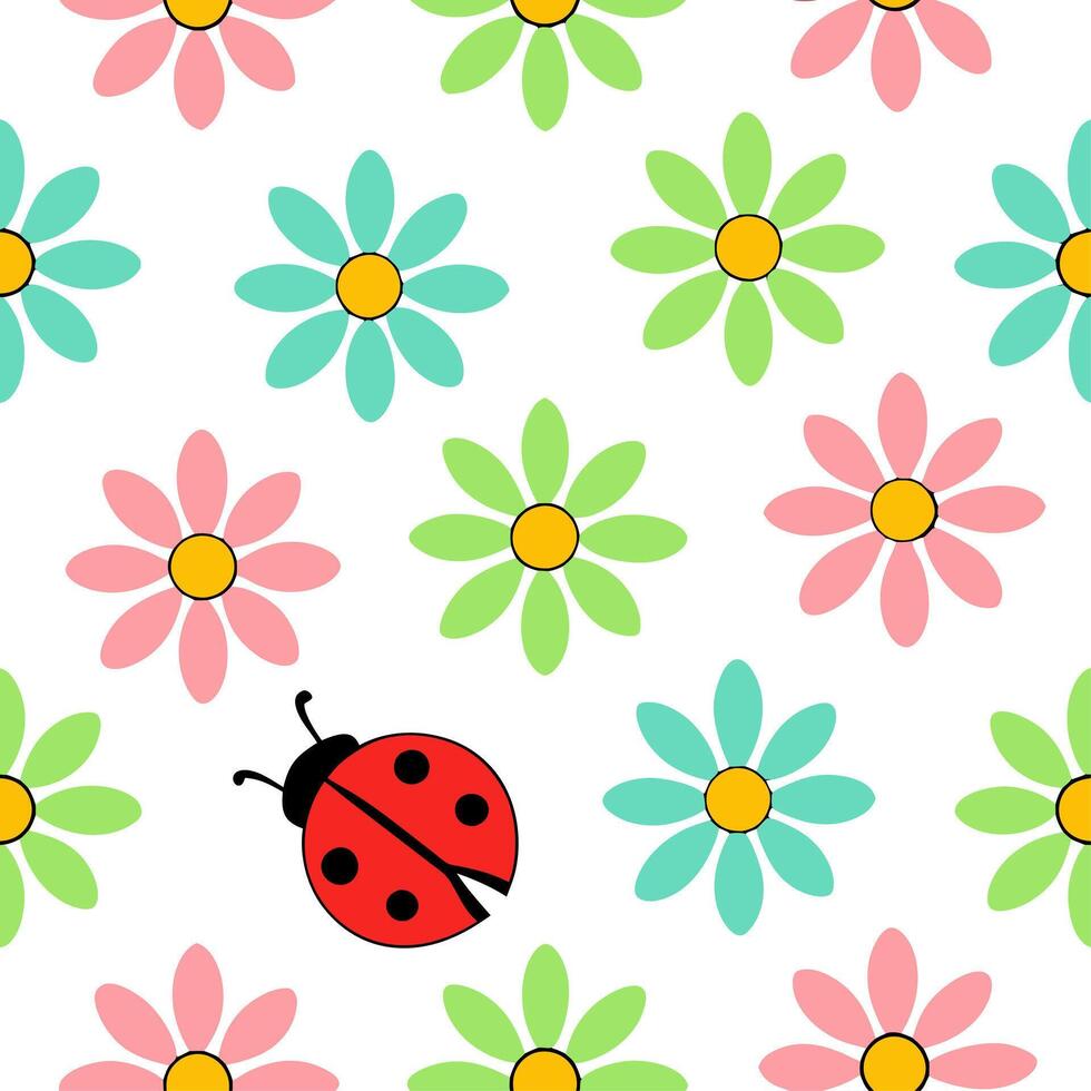 Clean Vibrant Easter daisies and ladybugs seamless tile pattern with playful spring elements concept as Playful spring elements like vibrant Easter daisies and ladybugs create seamless t vector