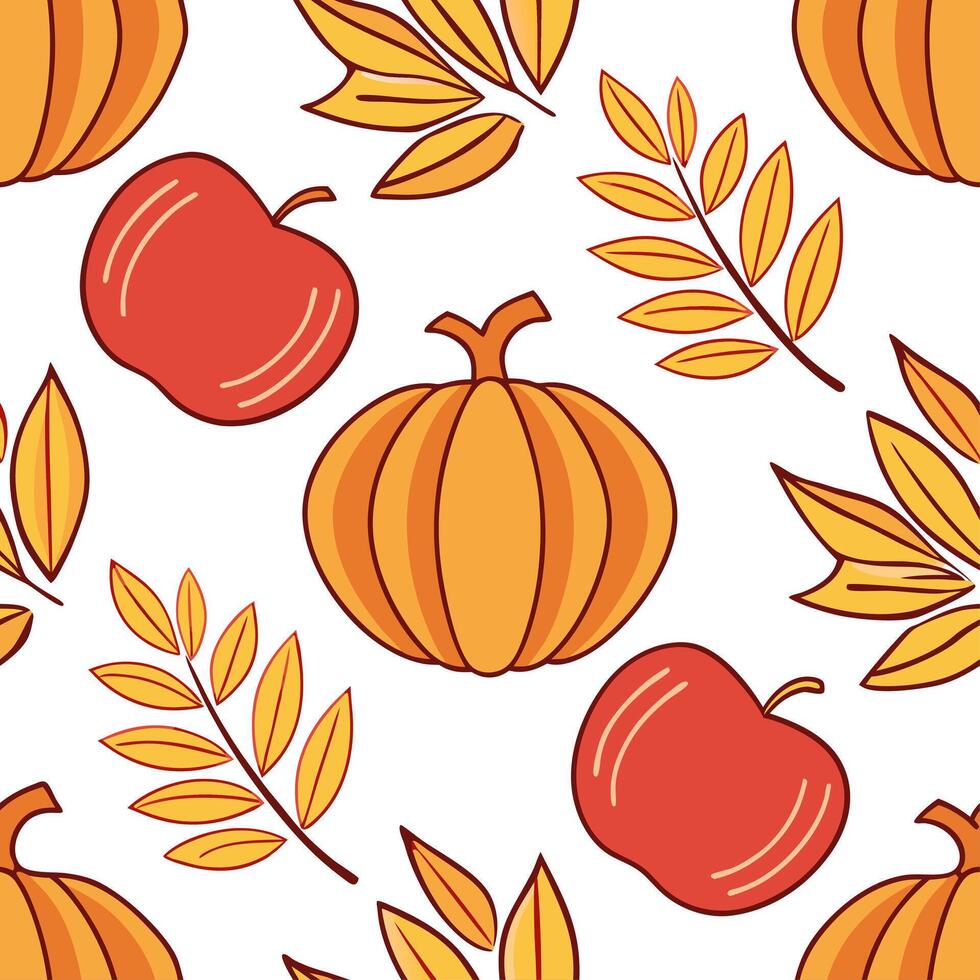 Clean Vibrant autumn harvest seamless tile pattern with pumpkins apples and colorful leaves concept as Pumpkins apples and colorful leaves in vibrant autumn tones create a harvest themed vector