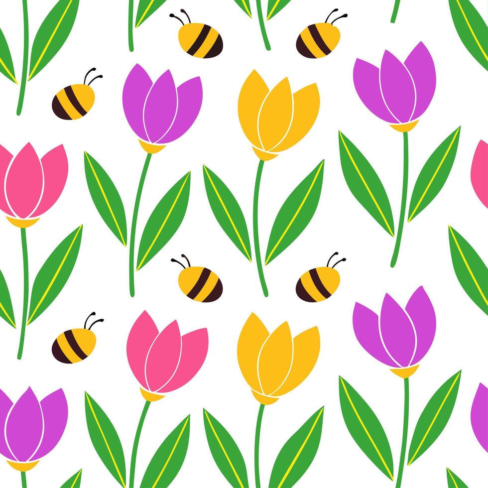 Clean Vibrant Easter tulips and bees seamless tile pattern with lively spring elements concept as Lively spring elements like vibrant Easter tulips and bees create seamless tile pattern vector