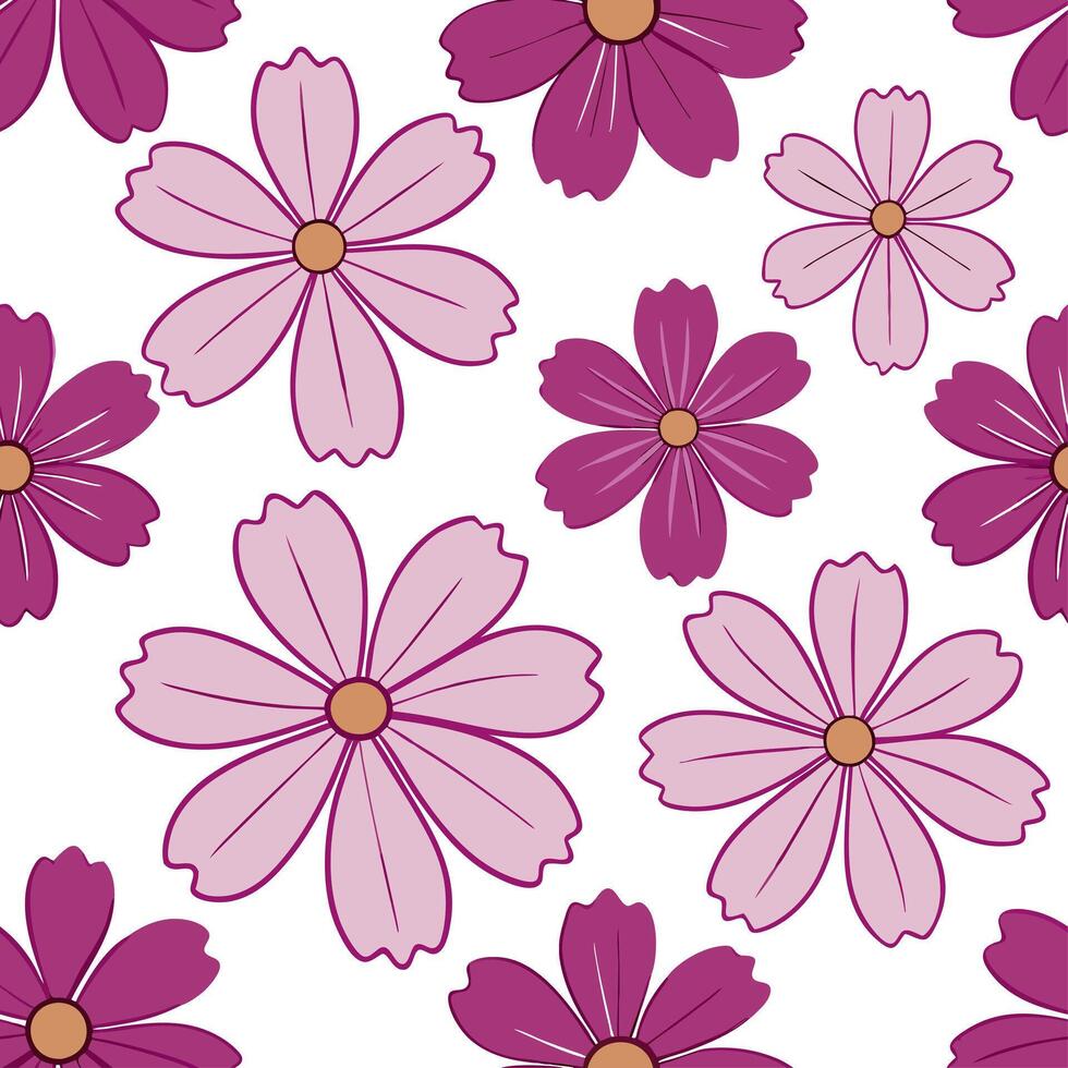 Clean Vibrant cosmos flower seamless tile pattern with rich pinks purples and delicate petals concept as Rich pinks and purples of cosmos flowers create a bright lively seamless spring t vector