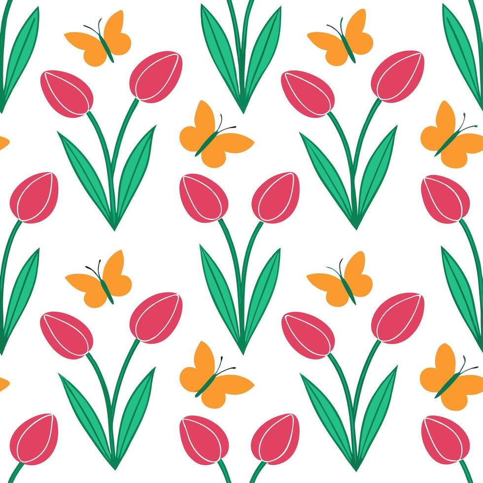 Clean Vibrant Easter tulips and butterflies seamless tile pattern with lively spring elements concept as Lively spring elements like vibrant tulips and butterflies create seamless tile p vector