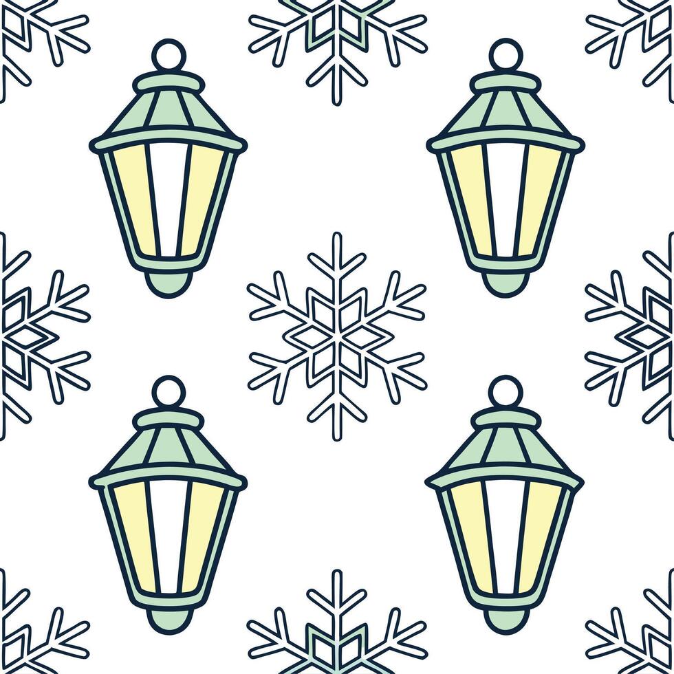 Clean Twinkling snowflake and lantern seamless tile pattern with glowing winter accents concept as Twinkling snowflakes paired with glowing lanterns create a seamless tile pattern with r vector