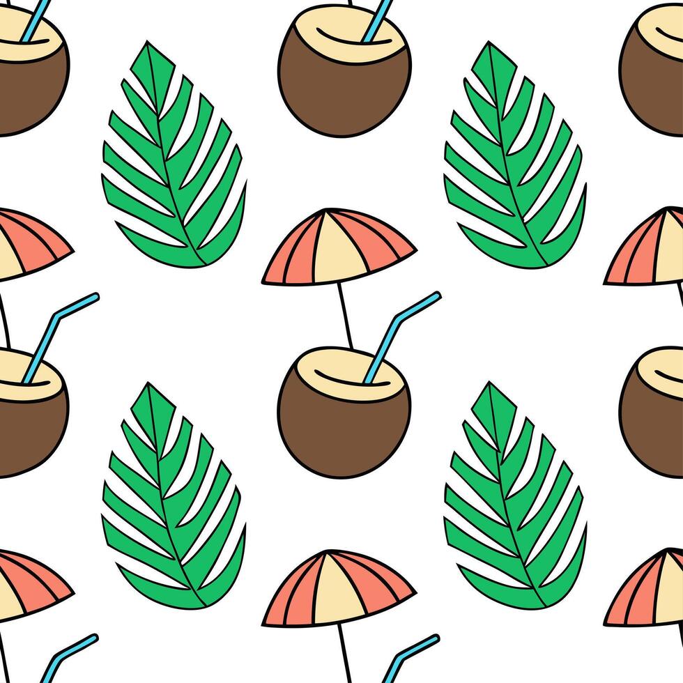 Clean Tropical coconut drink seamless tile pattern with bright straws umbrellas and beach vibes concept as Coconut drinks with bright straws and tiny umbrellas create a seamless tropical vector