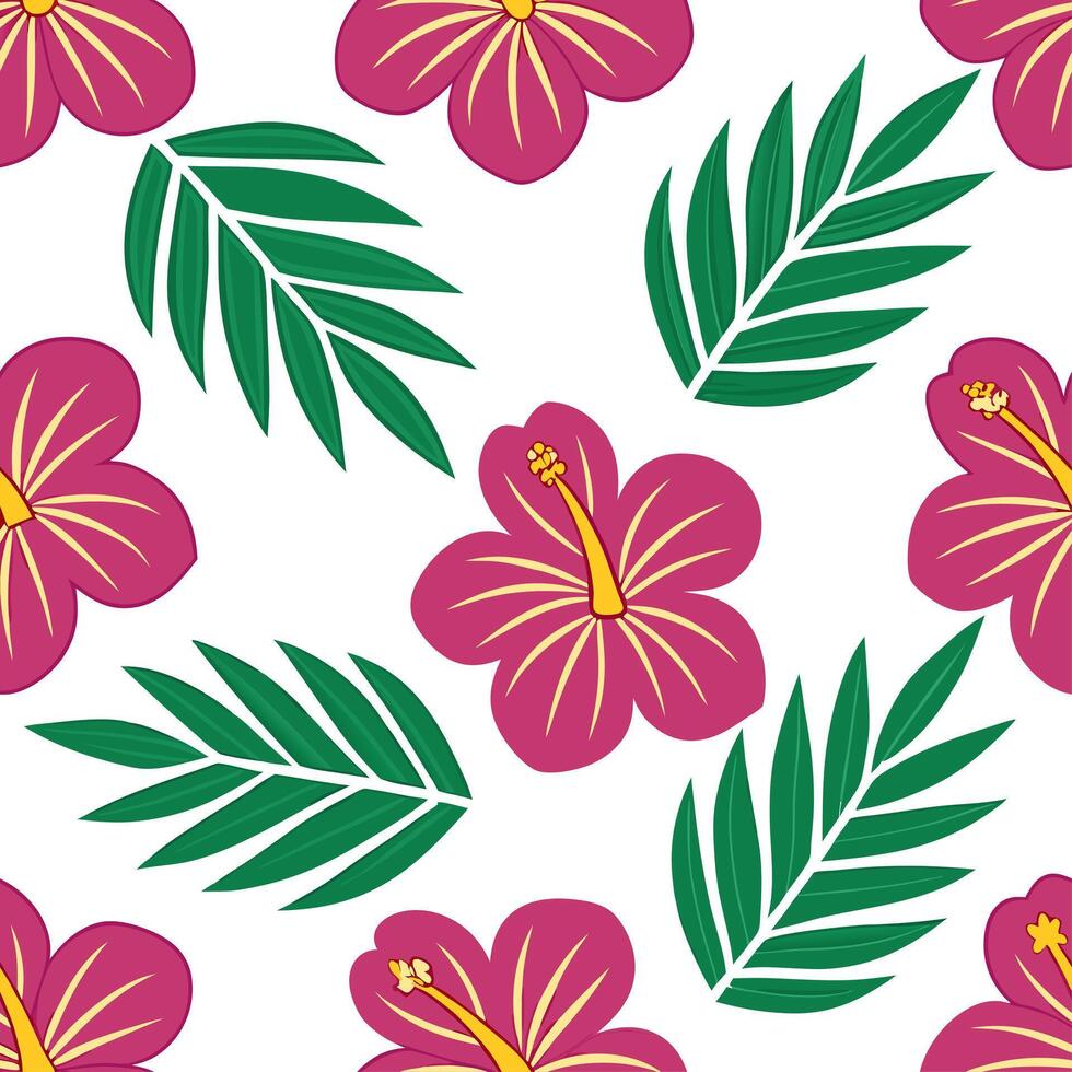 Clean Tropical summer seamless pattern with hibiscus flowers and exotic leaves for bright lively spaces concept as Hibiscus flowers and exotic leaves arranged in a seamless tile pattern vector