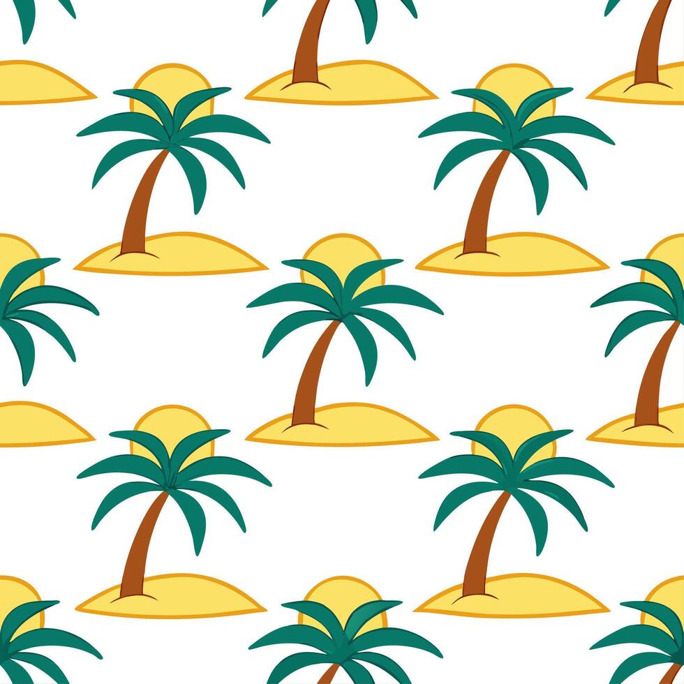 Clean Tropical island seamless tile pattern with palm trees bright sun and sandy beaches concept as Palm trees bright sun and sandy beaches form a vibrant and tropical seamless tile patt vector