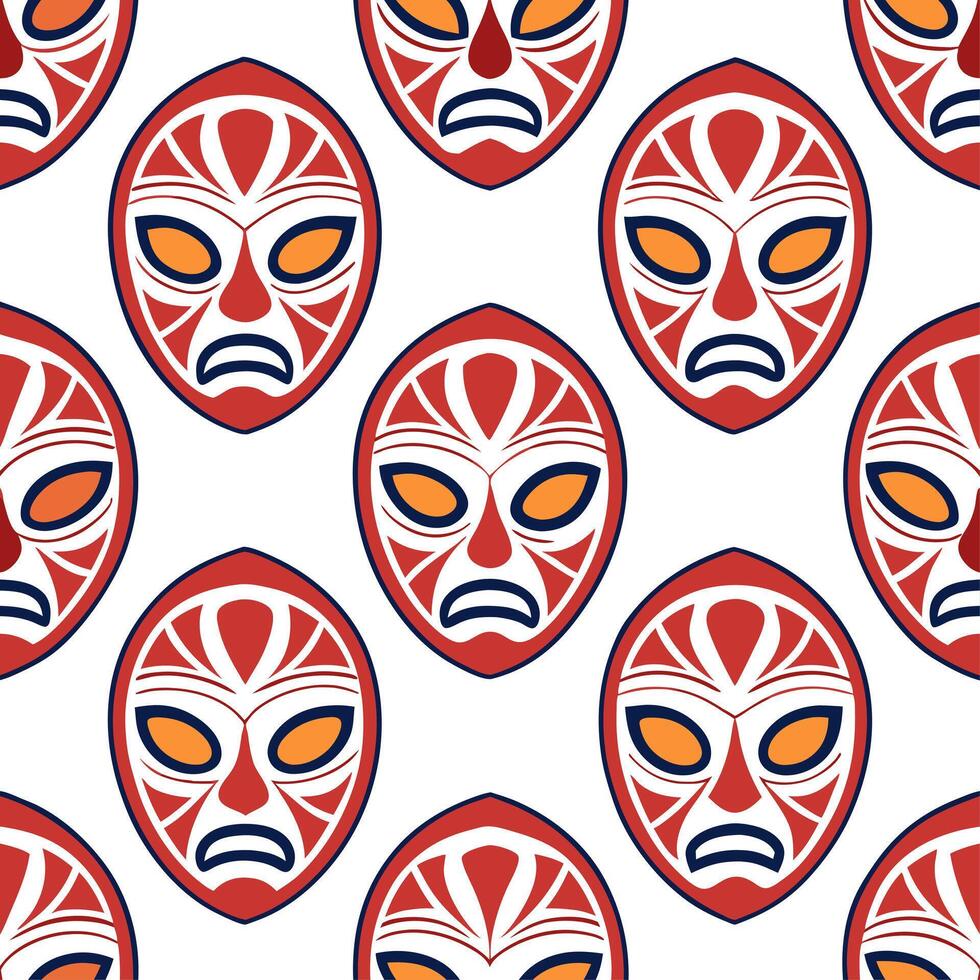 Clean Traditional masks and symbolic patterns seamless tile pattern with bold and vibrant colors concept as Bold and vibrant colors highlight traditional masks and symbolic patterns in s vector