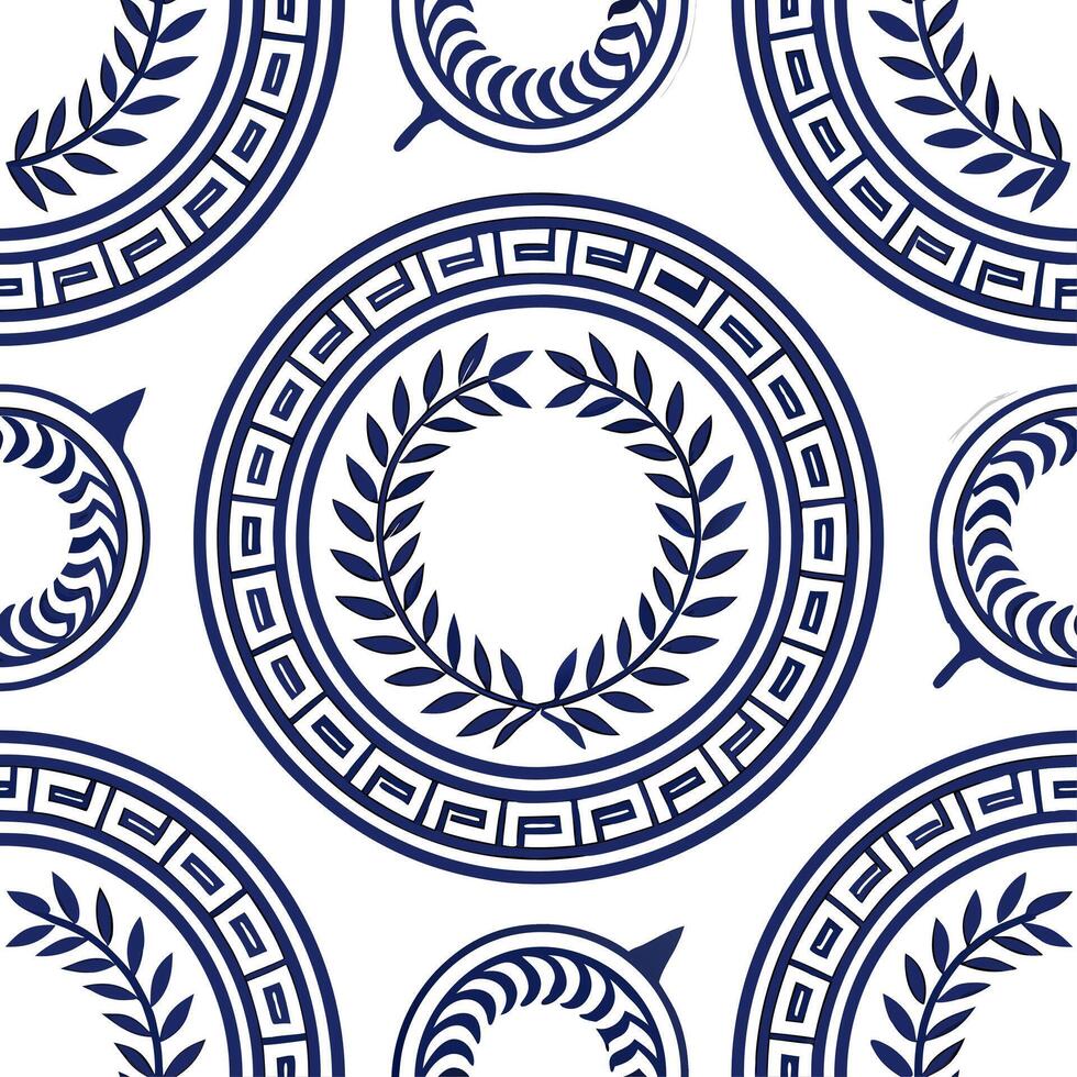 Clean Traditional Greek meander and olive branch seamless tile pattern with classic blue and white hues concept as Classic blue and white hues highlight traditional Greek meander pattern Set 2 vector