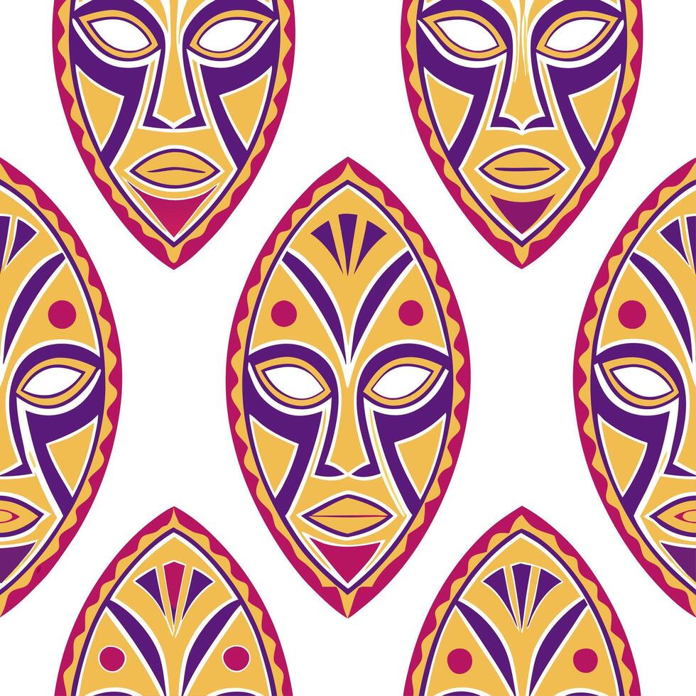 Clean Traditional African tribal masks and symbolic patterns seamless tile pattern with vibrant colors concept as Vibrant colors highlight traditional African tribal masks intertwined wi vector