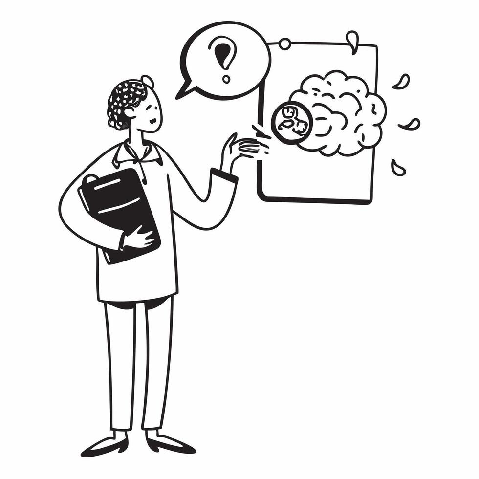 Clean Therapist with a brain model and a clipboard indicating mental health and therapy with space for writing concept as A therapist holding a brain model and a clipboard symbolizing m vector