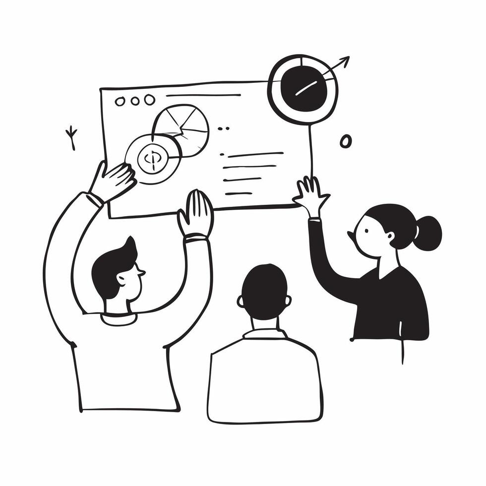 Clean Team members discussing quarterly targets in a business meeting concept as A illustration of team members discussing quarterly targets in a business meeting using a 3 color vector