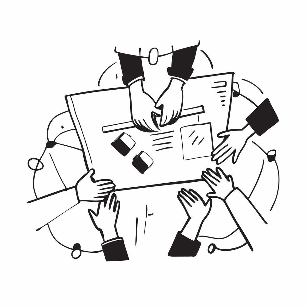 Clean Team members collaborating on a strategic plan concept as A illustration of team members collaborating on a strategic plan in a modern office using a 3 color scheme to highl vector
