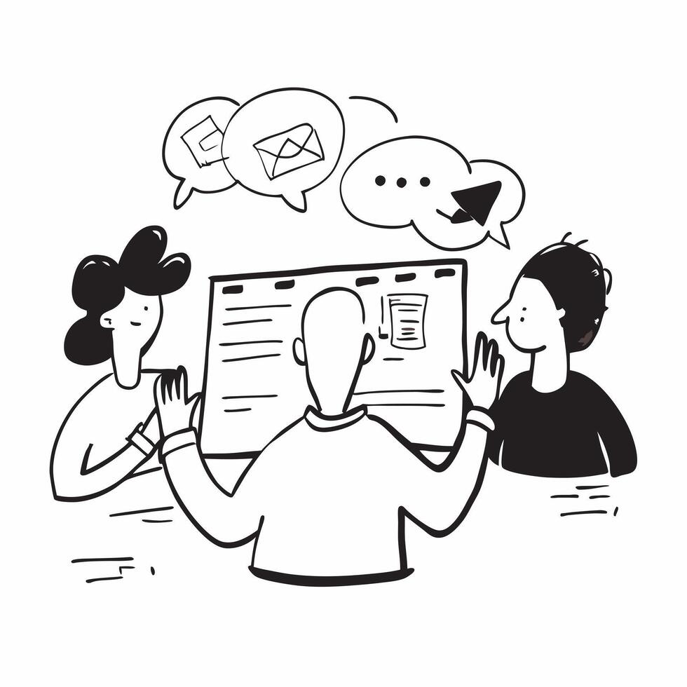 Clean Team members sharing ideas in a collaborative meeting concept as A illustration of team members sharing ideas in a collaborative meeting featuring a 3 color palette to highl vector
