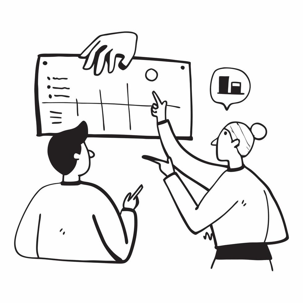 Clean Team members discussing market trends in a business meeting concept as A illustration of team members discussing market trends in a business meeting using a 3 color tone to vector