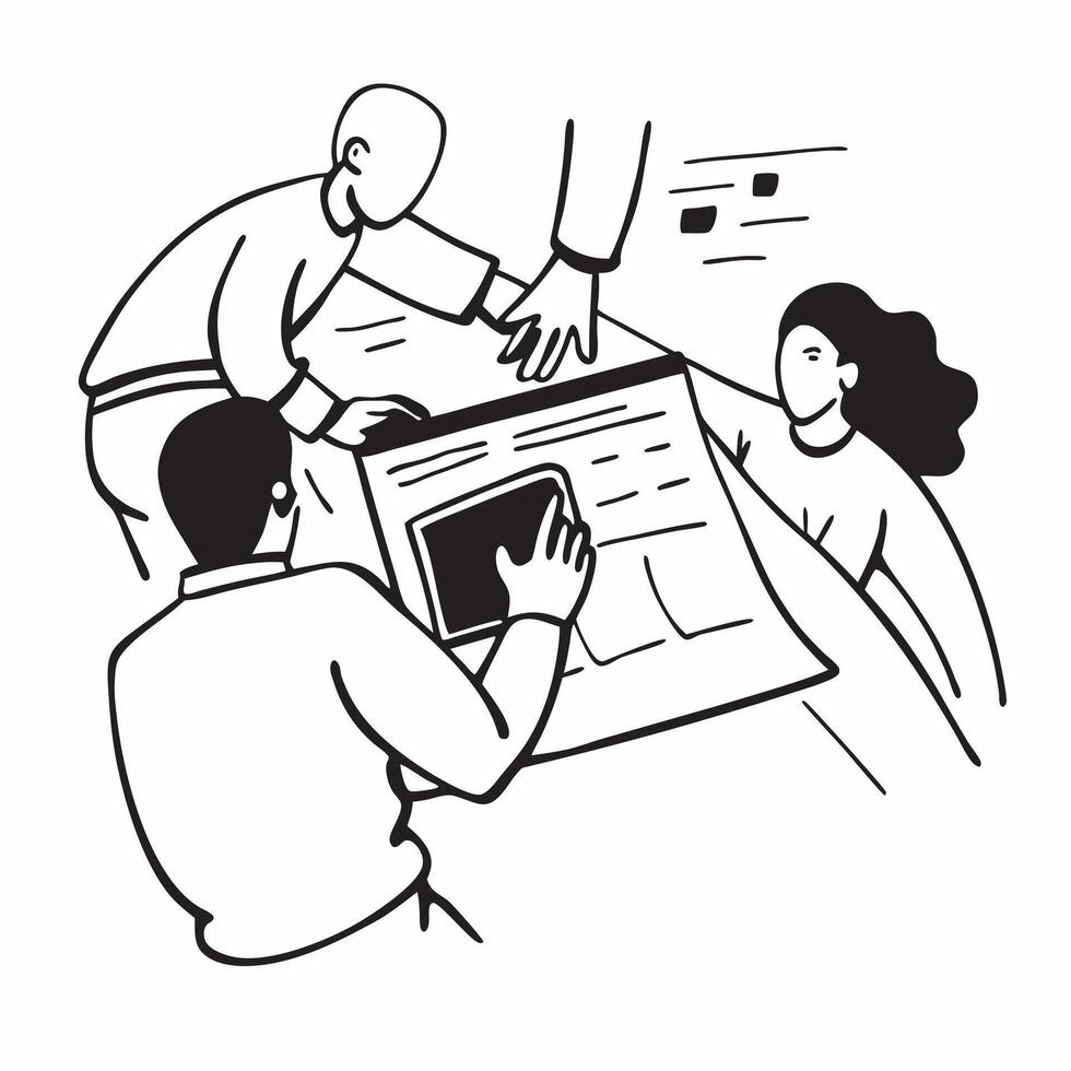 Clean Team members collaborating on a business report in a meeting concept as A illustration of team members collaborating on a business report in a meeting using a 3 color palett vector