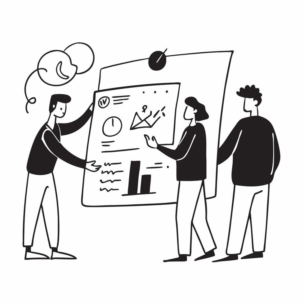Clean Team discussing project milestones in a meeting room concept as A illustration of a team discussing project milestones in a meeting room utilizing a 3 color palette to highl vector