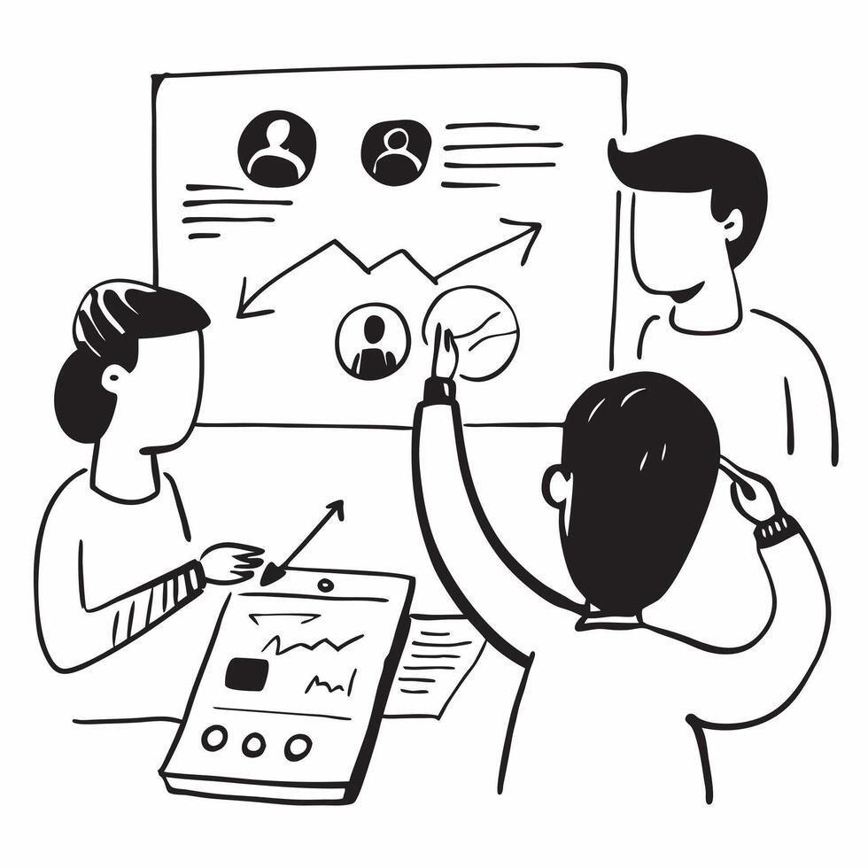 Clean Team discussing customer feedback in a business meeting concept as A illustration of a team discussing customer feedback in a business meeting using a 3 color scheme to high vector