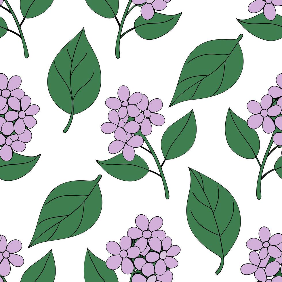 Clean Sweet lilac seamless tile pattern with soft purple blooms and rich green leaves ideal for spring settings concept as Soft lilac flowers paired with green leaves form a seamless spr vector