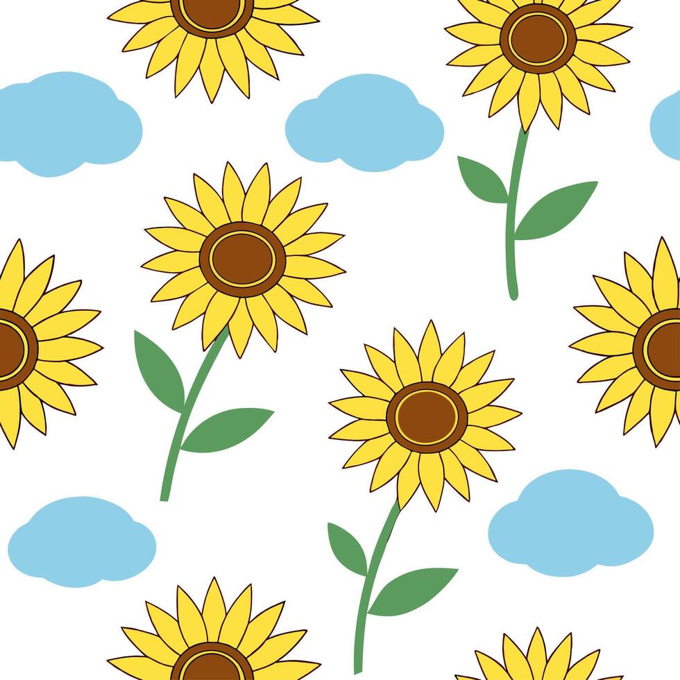 Clean Sunny summer seamless pattern with sunflowers and bright skies for cheerful outdoor spaces concept as Sunflowers and bright skies arranged in a seamless pattern for creating a chee vector