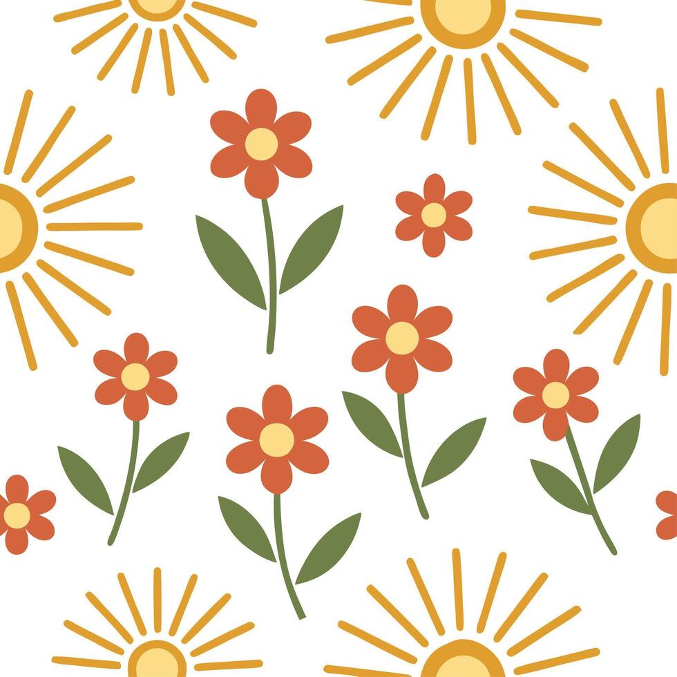Clean Sun kissed garden flowers seamless tile pattern with golden rays highlighting vibrant blooms concept as Golden sun rays highlight vibrant garden flowers creating a seamless tile pa vector