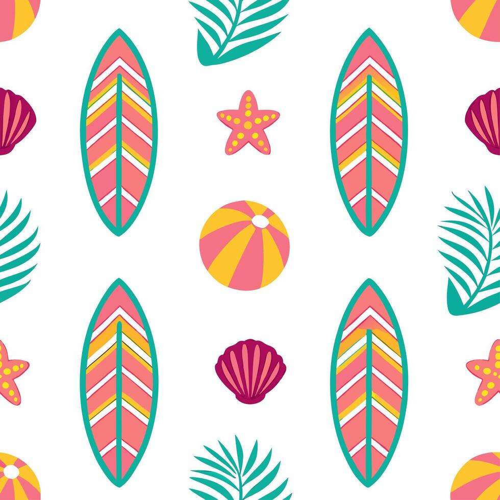 Clean Summer surfboards seamless tile pattern with colorful boards and fun beach designs concept as Colorful surfboards and playful beach patterns create a seamless tile design perfect f Set 2 vector
