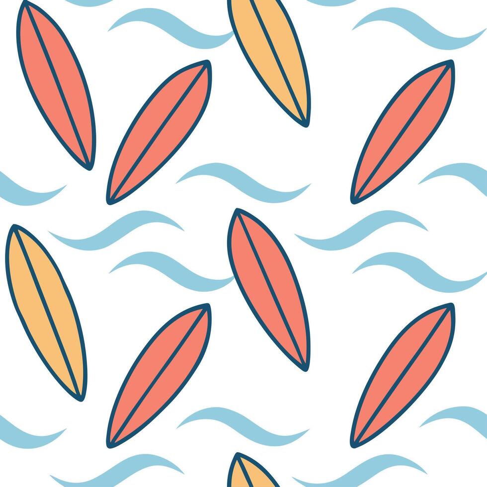 Clean Summer surfboards seamless tile pattern with colorful boards and fun beach designs concept as Colorful surfboards and playful beach patterns create a seamless tile design perfect f vector