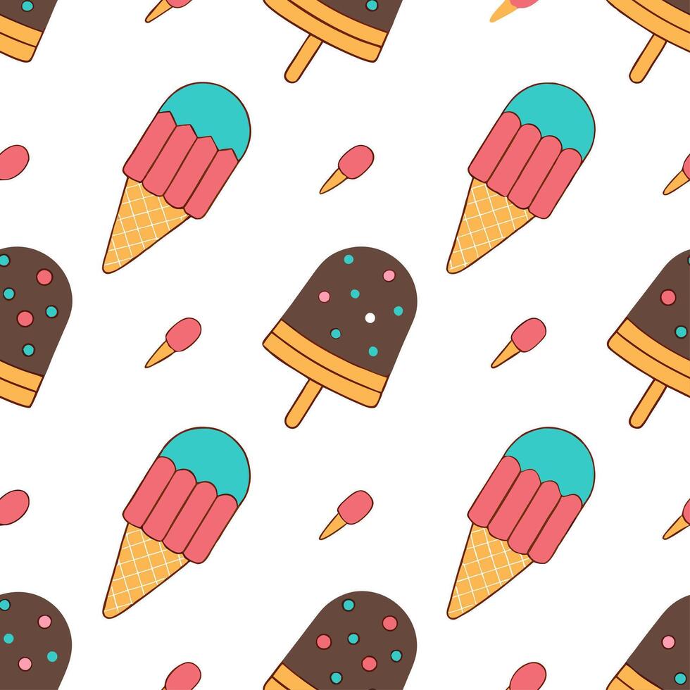 Clean Summer seamless tile pattern with ice cream cones and popsicles for a playful sweet atmosphere concept as Fun and playful seamless pattern featuring ice cream cones and popsicles f vector