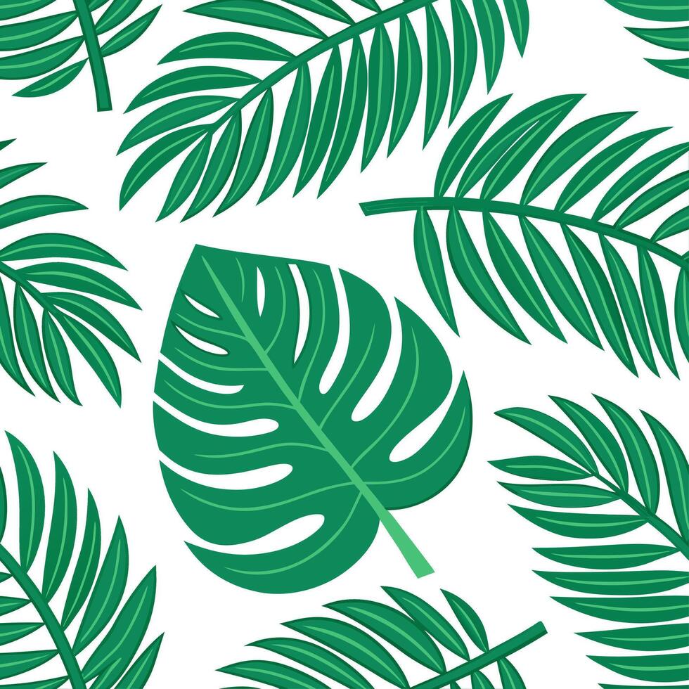 Clean Summer leaves seamless tile pattern with palm fronds and tropical foliage for a lush outdoor feel concept as Palm fronds and tropical leaves arranged seamlessly to create a vibrant Set 4 vector
