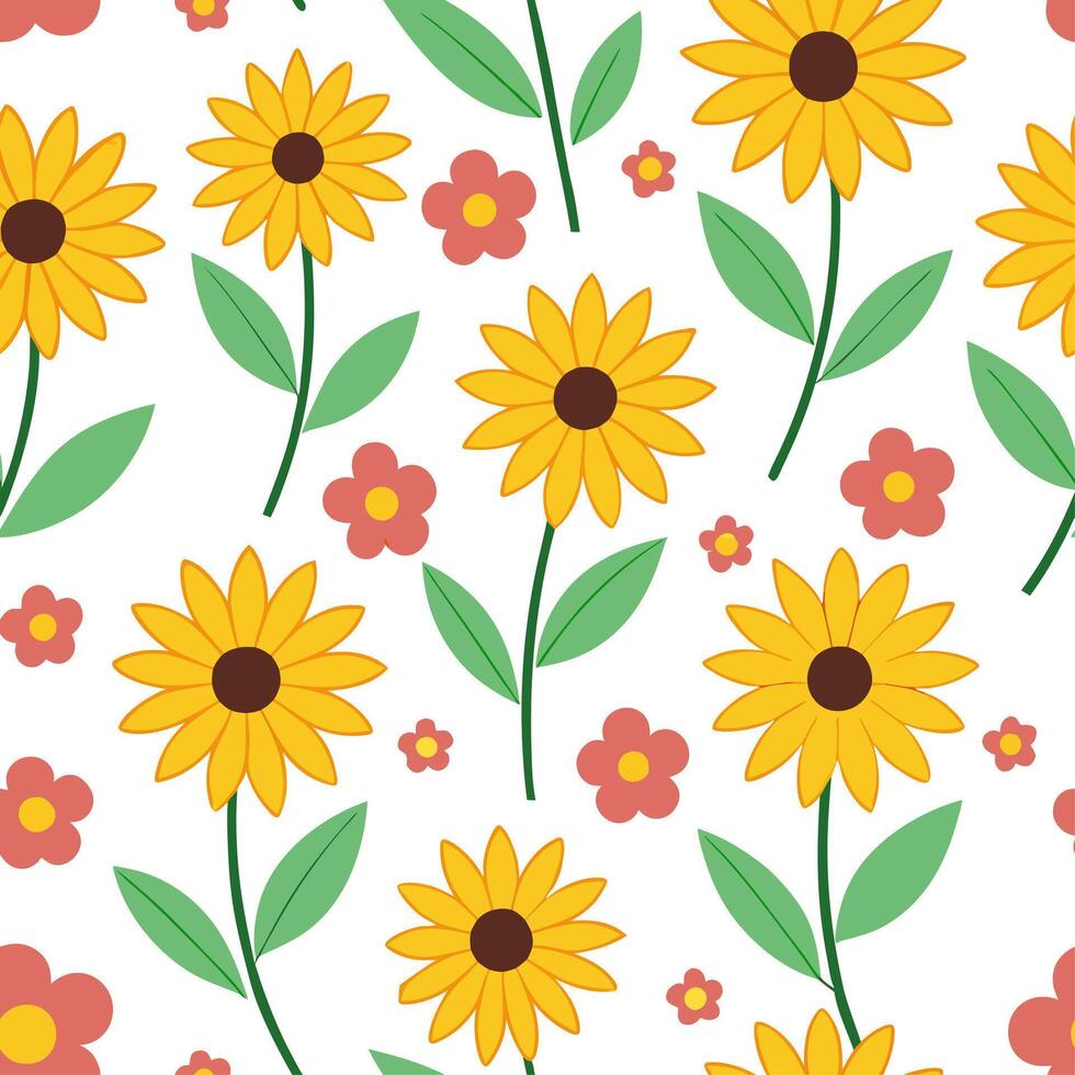 Clean Summer garden seamless tile pattern with sunflowers and wildflowers for a vibrant home garden concept as Bright sunflowers and wildflowers in a seamless pattern perfect for adding vector