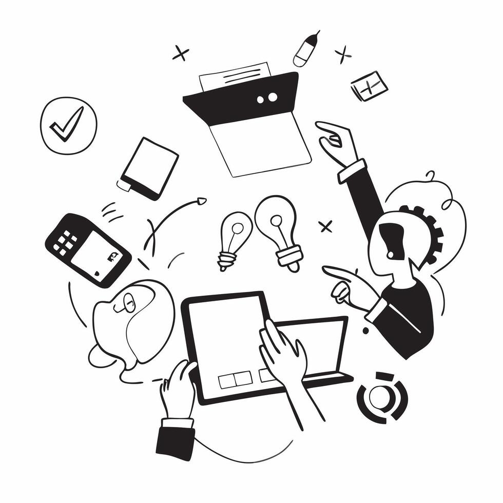 Clean Startup team collaborating on a business plan concept as A illustration of a startup team collaborating on a business plan using laptops and digital tools with an 8 color pa vector