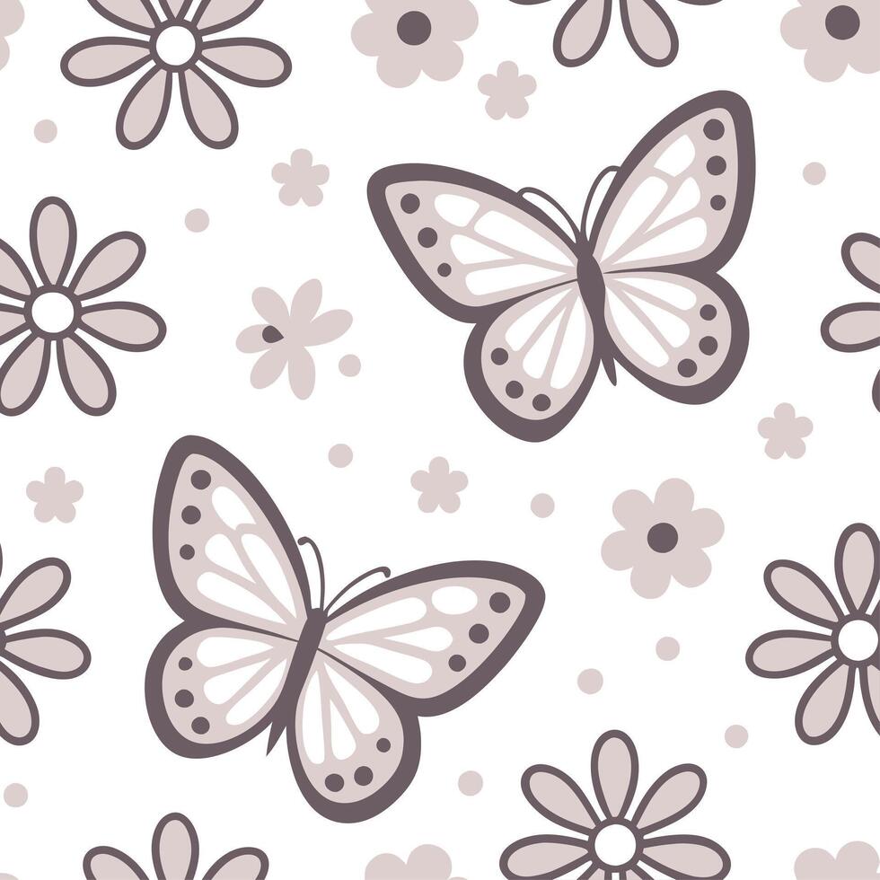 Clean Spring pastel seamless pattern with delicate butterflies and flowers for whimsical garden decor concept as Soft butterflies and pastel flowers arranged seamlessly for a whimsical a vector