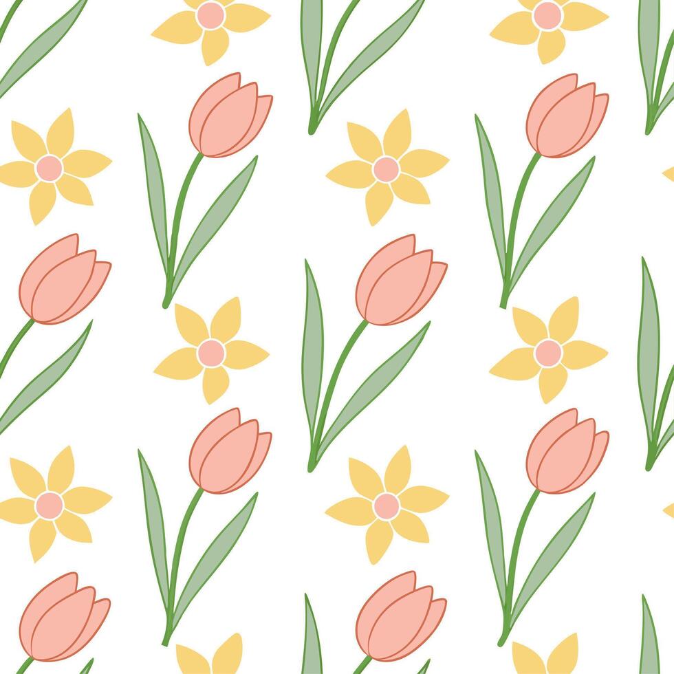 Clean Spring pastel seamless pattern with tulips and daffodils for fresh lively spring spaces concept as Fresh tulips and daffodils arranged in seamless spring pastel patterns for a live vector