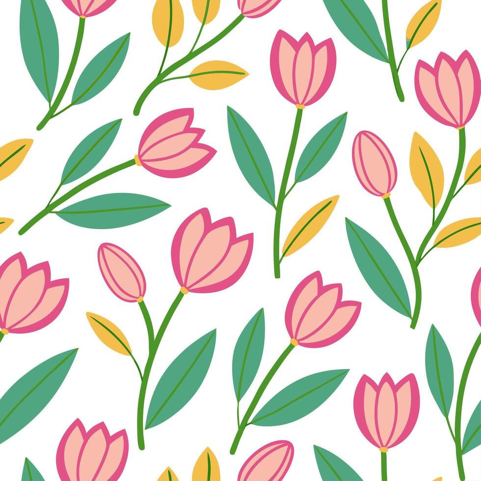 Clean Spring flowers seamless tile pattern with peonies and tulips for lively colorful interiors concept as Lively peonies and tulips seamlessly arranged in colorful patterns for fresh v vector
