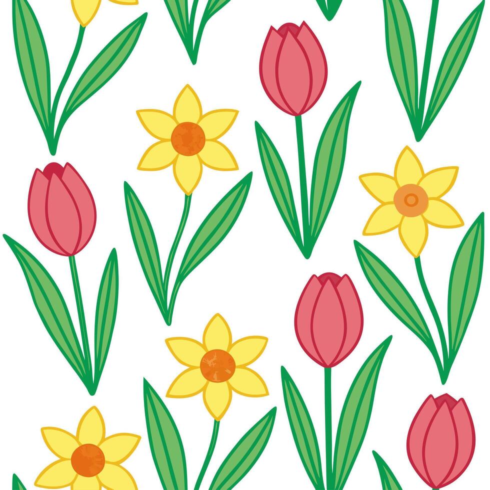 Clean Spring flowers seamless tile pattern featuring vibrant tulips and daffodils for cheerful interiors concept as Bright tulips and daffodils arranged seamlessly in a lively tile patte vector