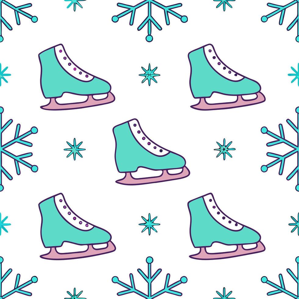 Clean Sparkling ice skates and snowflakes seamless tile pattern with winter sports flair concept as Ice skates adorned with sparkling snowflakes create a seamless tile pattern with a win vector