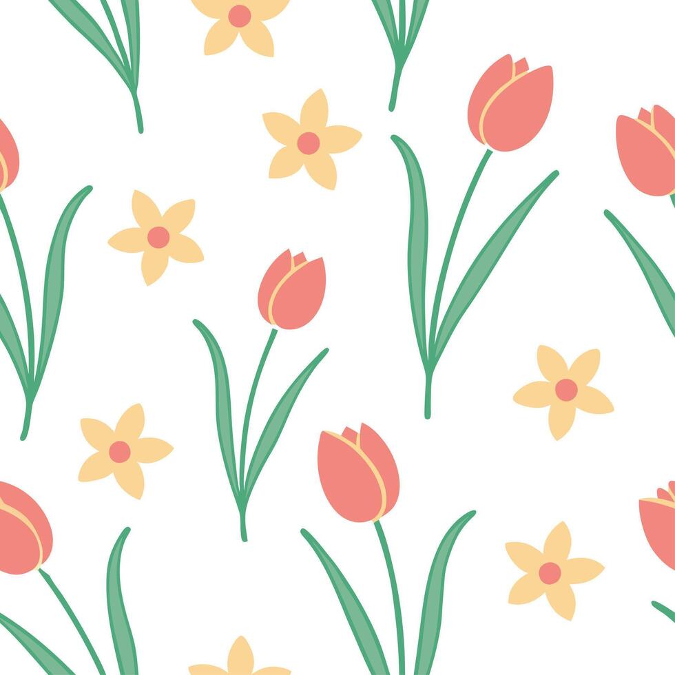 Clean Soft pastel spring seamless tile pattern with small daffodils and tulips for cheerful decor concept as Cheerful spring daffodils and tulips arranged in soft pastel tones to create vector