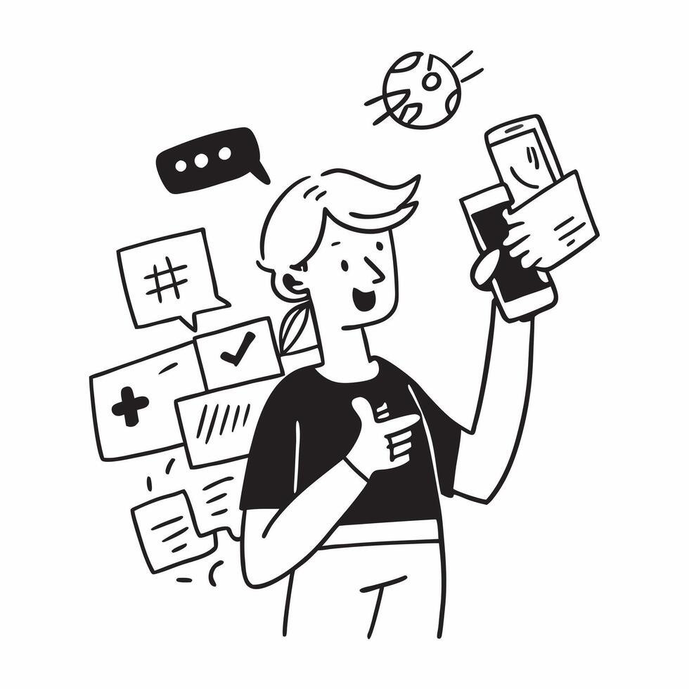 Clean Social media manager with a smartphone and a hashtag symbol representing digital communication and trends with space for notes concept as A social media manager holding a smartpho vector