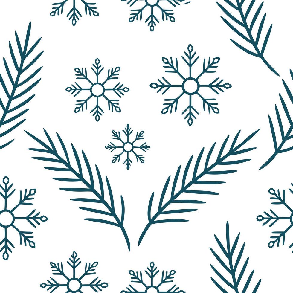 Clean Snowflake and evergreen branch seamless tile pattern with icy accents and winter elegance concept as Evergreen branches paired with snowflakes create a seamless tile pattern with i vector