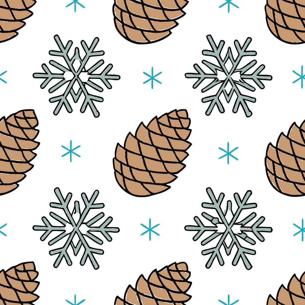 Clean Snowflake and holiday pinecone seamless tile pattern with festive winter elements concept as Festive pinecones paired with snowflakes create a seamless tile pattern with vibrant wi vector