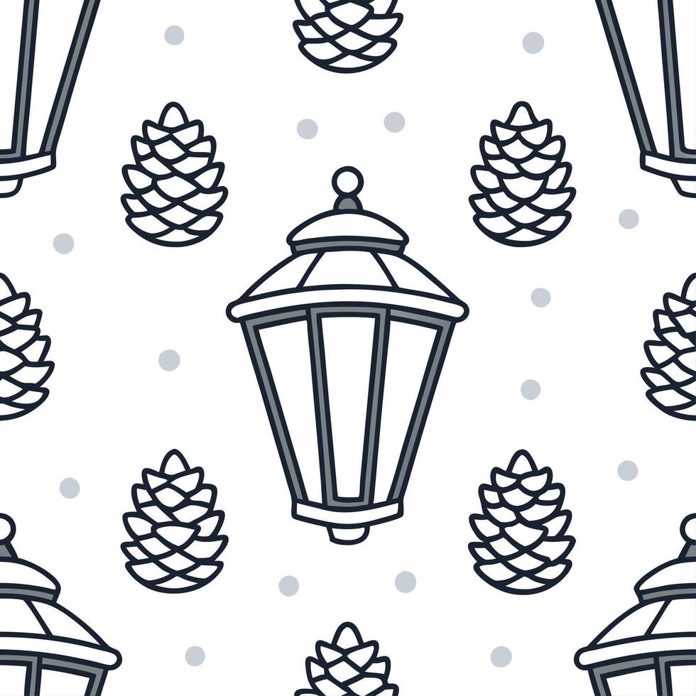 Clean Snow covered lanterns and pinecones seamless tile pattern with winter charm concept as Snow covered lanterns and pinecones add winter charm to a seamless tile pattern perfect for f vector