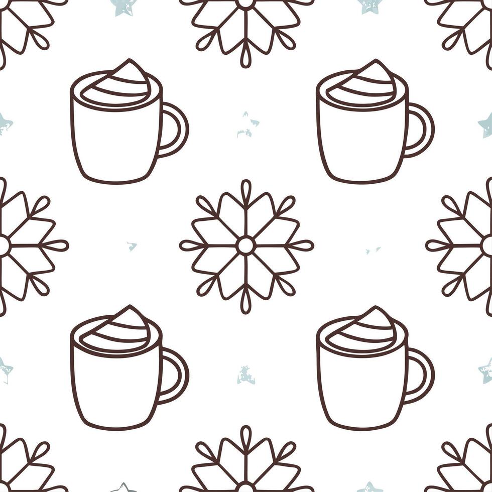 Clean Snowflake and cozy mug seamless tile pattern with warm winter beverages and frosty details concept as Cozy mugs filled with warm beverages paired with snowflakes create a seamless vector