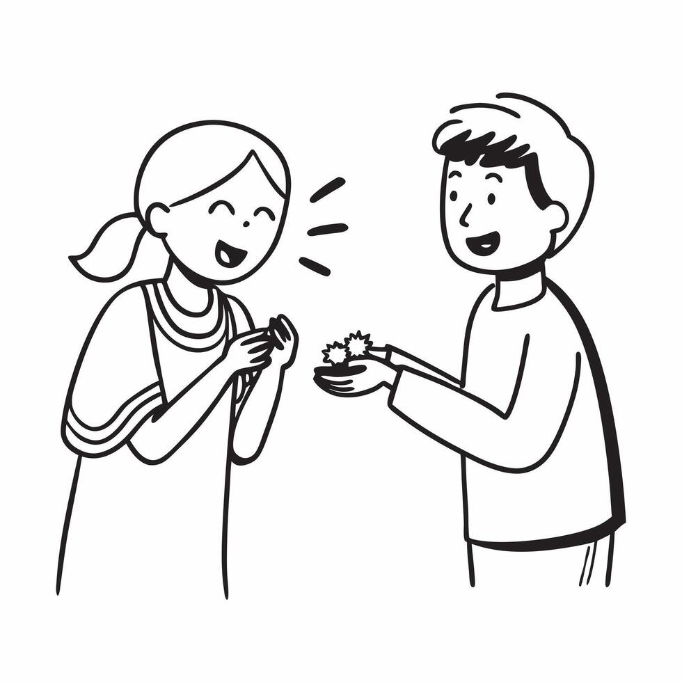 Clean Sister Tying Rakhi and Brother Offering Sweets concept as A sister tying a Rakhi on her brothers wrist while he offers sweets with ample copy space symbolizing the sweet traditions vector